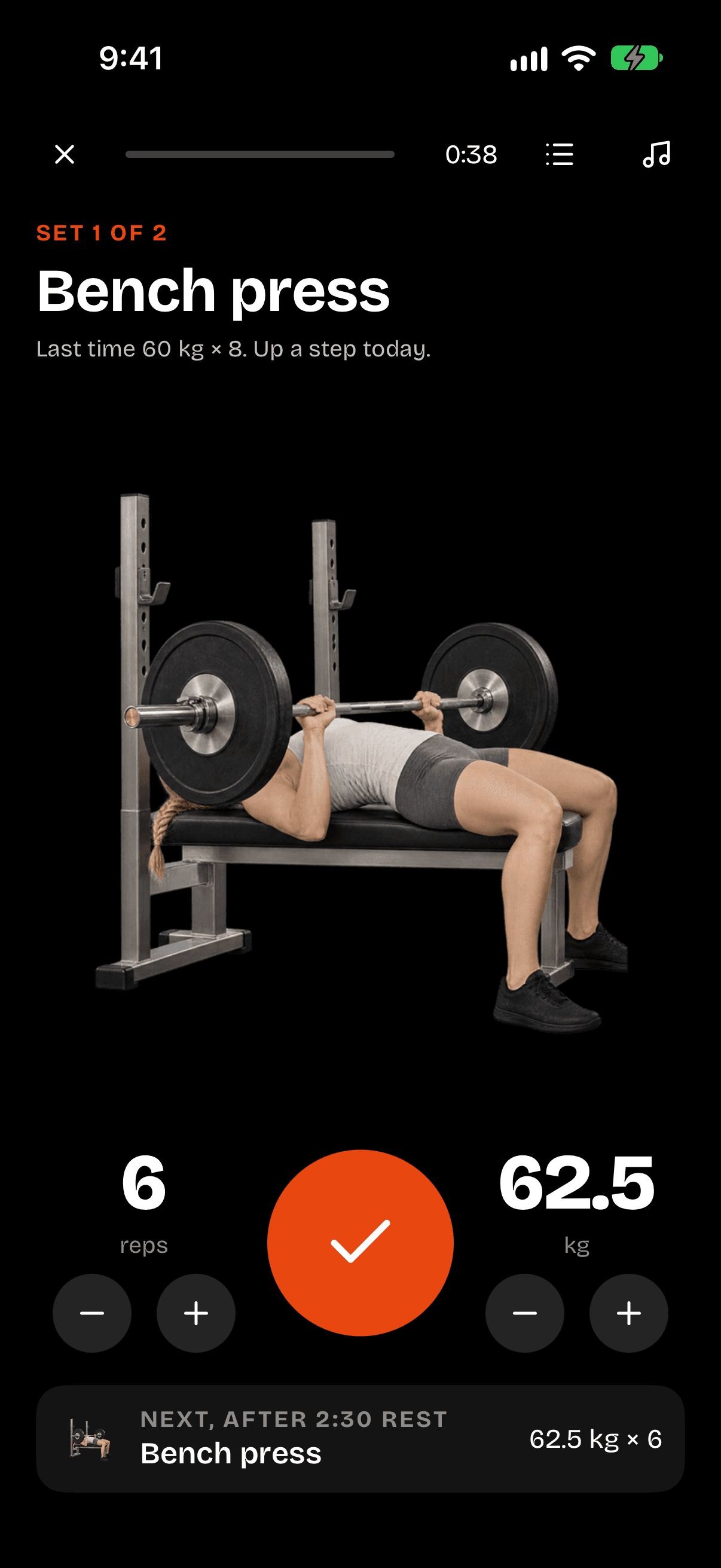 Bench press, set 1 of 2: last time 60 kg × 8, up a step today to 62.5 kg